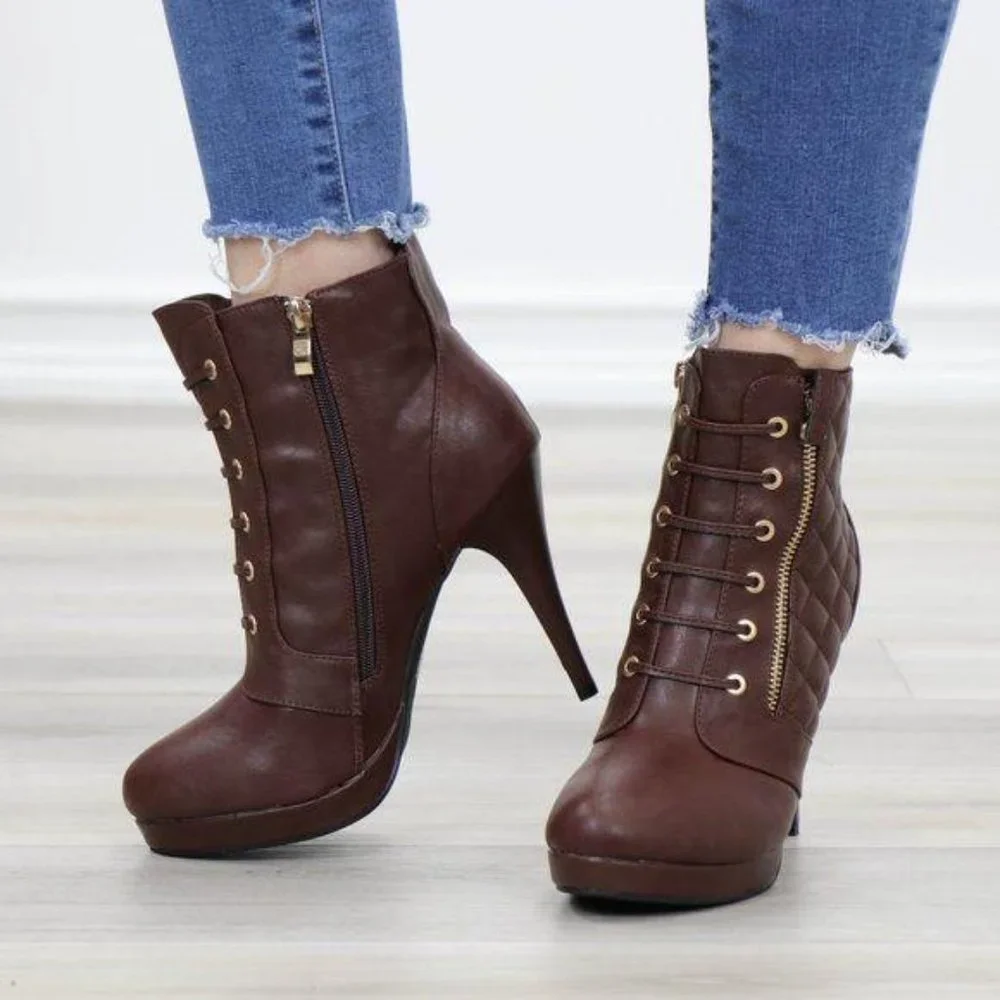 Brown Platform High Heel Ankle Boots - Picture 13 of 14